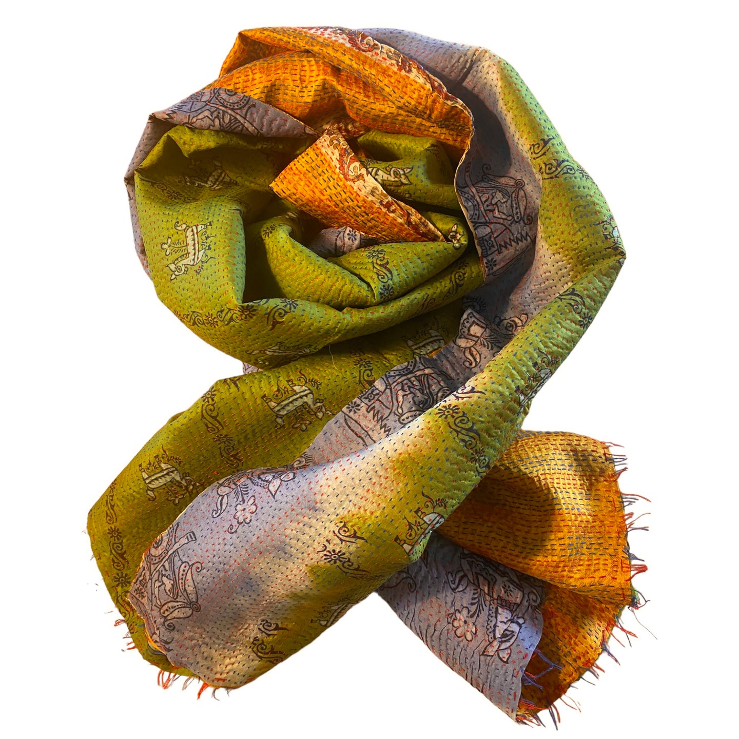 Silketørklæde, kantha i gule og grønne nuancer