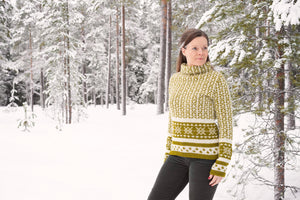 Færøsk uldsweater med smukt mønster i græsgrøn/hvid